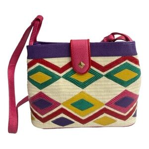 Vintage geometric 1980's multicolor leather and Straw bag/ purse, crossbody